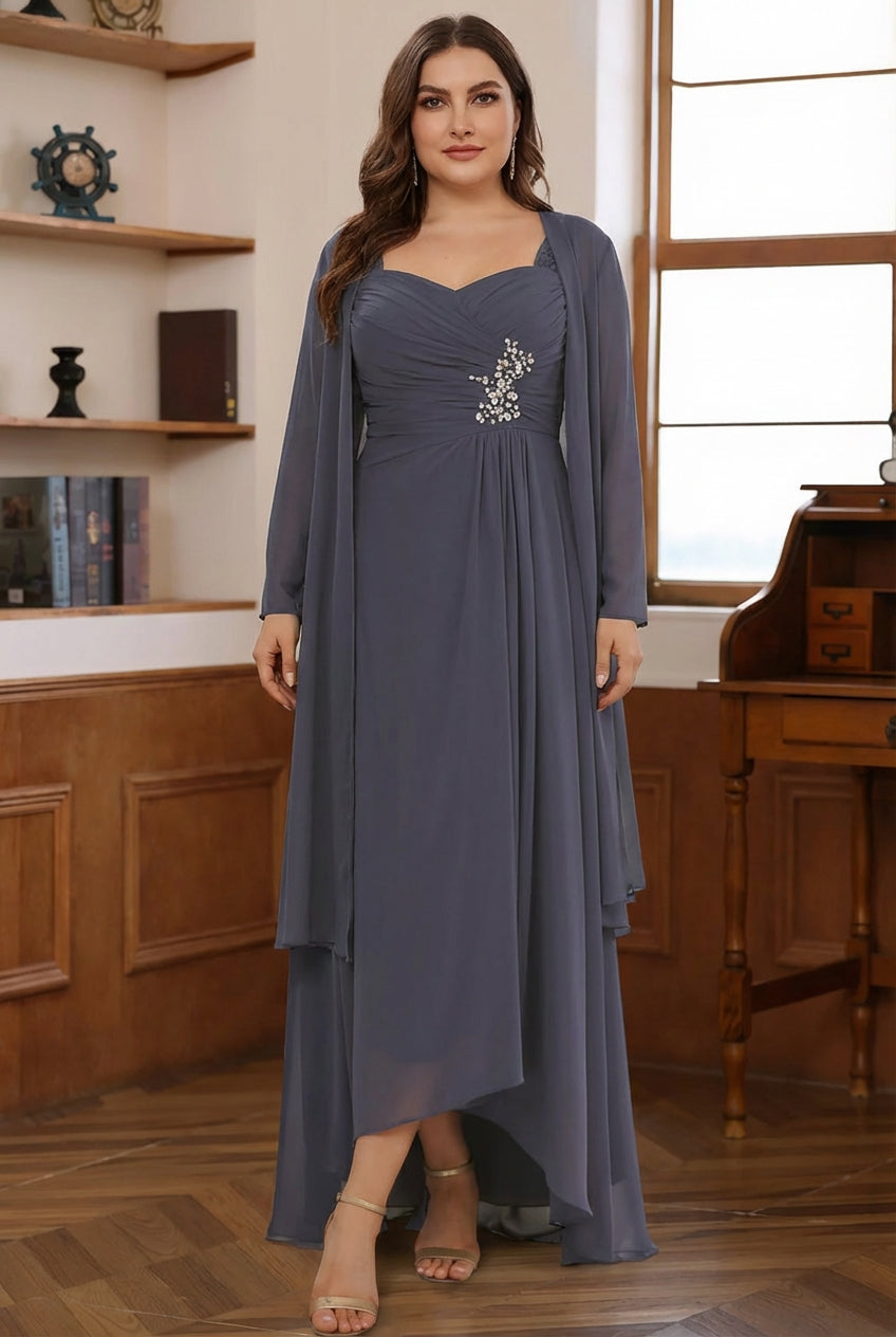 Ensemble 2 pièces mère de la mariée taille plus ligne A, mousseline, col cœur, veste, manches longues, longueur cheville