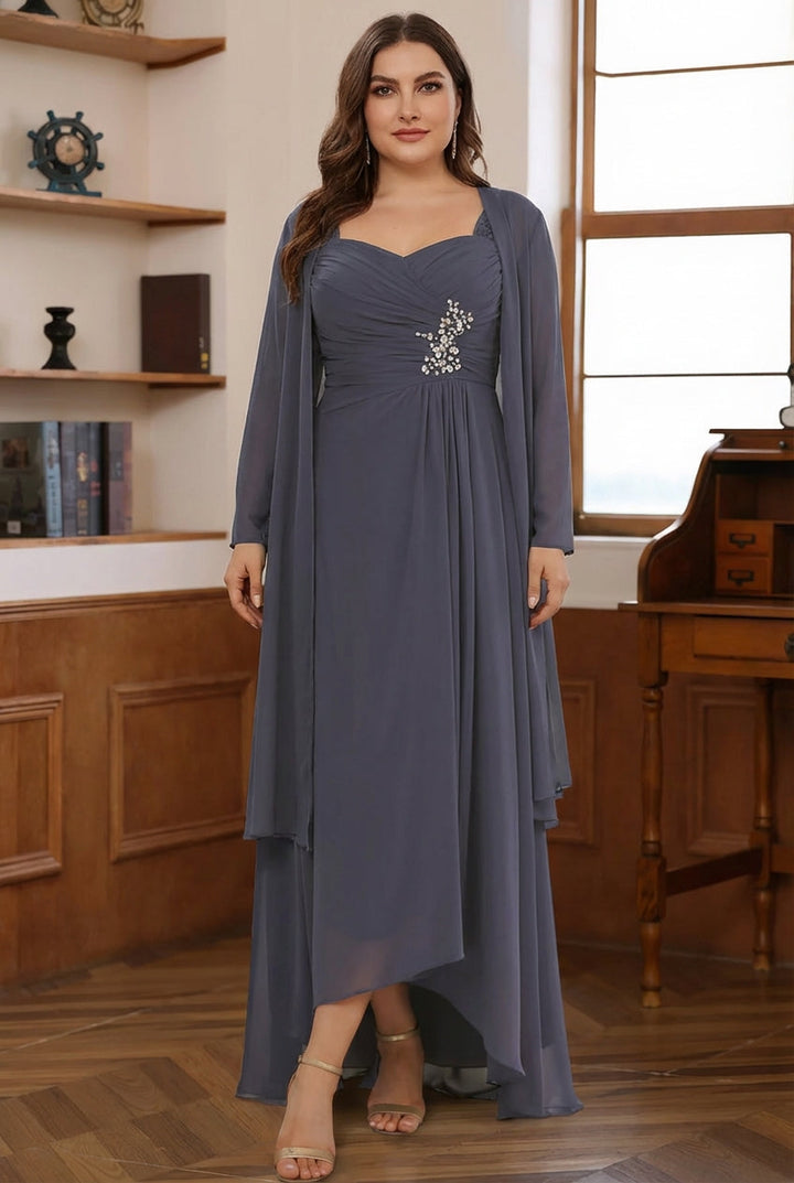 Ensemble 2 pièces mère de la mariée taille plus ligne A, mousseline, col cœur, veste, manches longues, longueur cheville