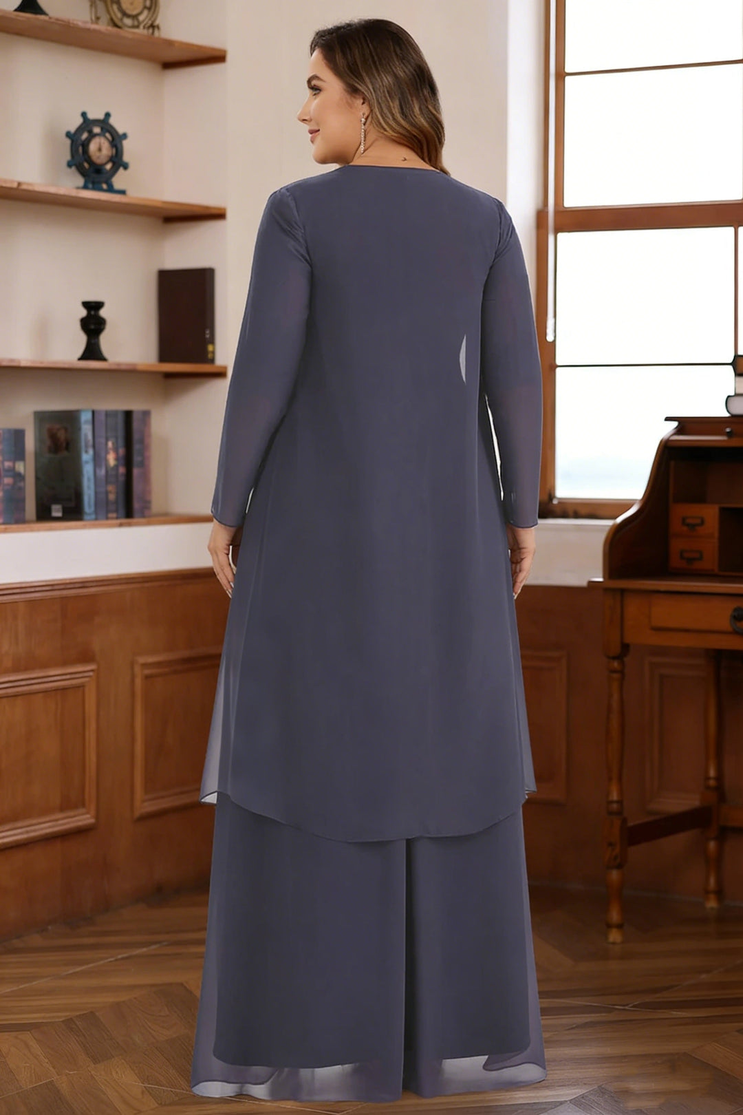 Ensemble 2 pièces mère de la mariée taille plus ligne A, mousseline, col cœur, veste, manches longues, longueur cheville