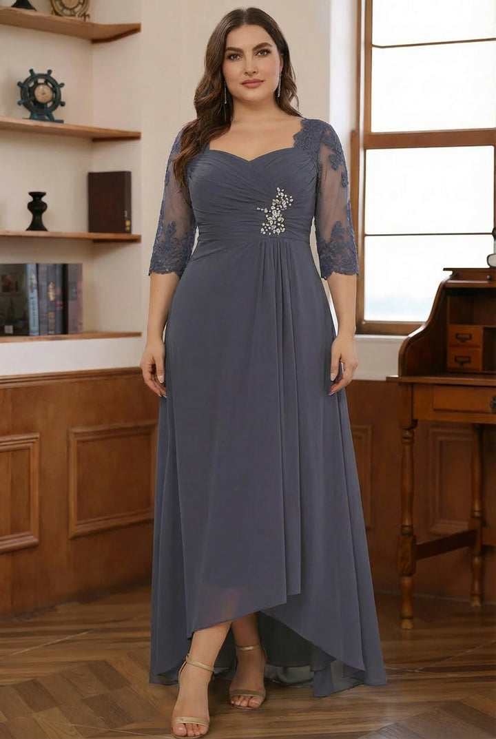 Ensemble 2 pièces mère de la mariée taille plus ligne A, mousseline, col cœur, veste, manches longues, longueur cheville