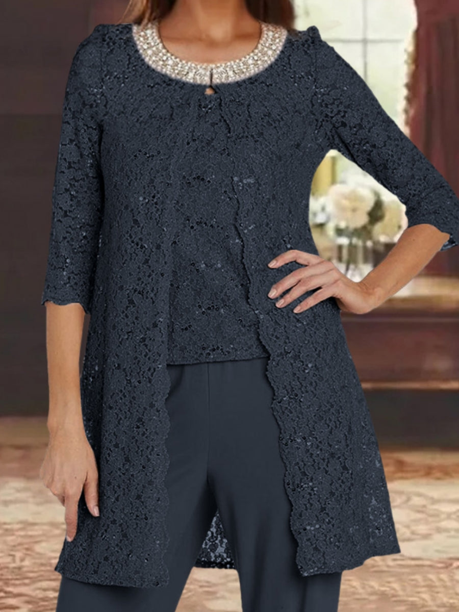 Ensemble pantalon 3 pièces mère de la mariée mousseline col ras du cou, veste dentelle, manches mi-longues, longueur cheville