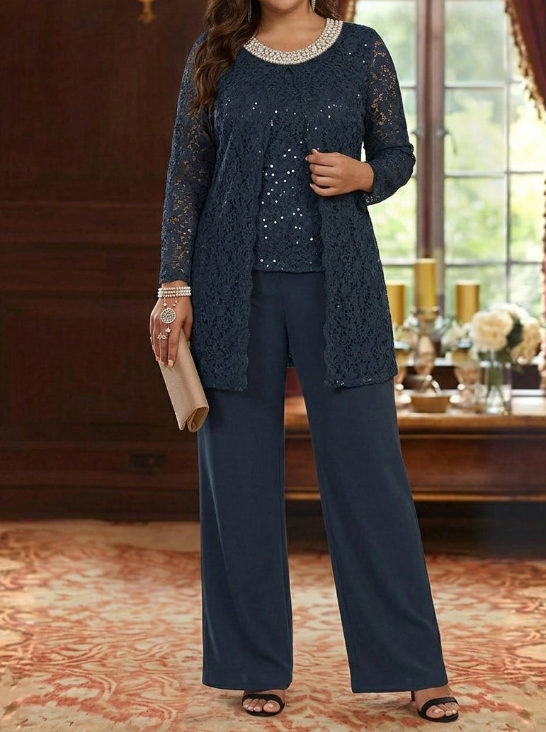 Robe Mère de la Mariée, Grande Taille, 3 Pièces, Tailleur-Pantalon, Col Rond Bijou, Manches Mi-Longues, Longueur de la Cheville, Mousseline, Dentelle