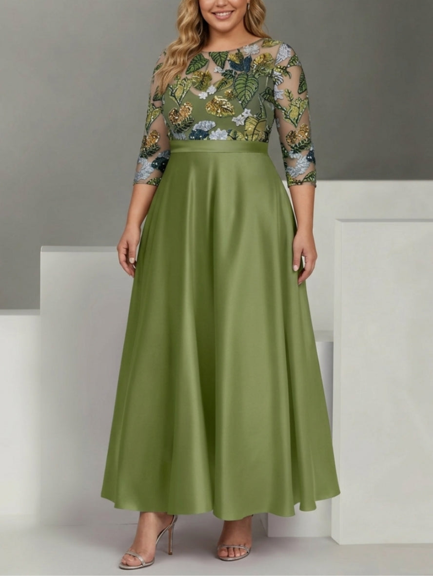 Robe mère de la mariée, Taille Plus, Ligne A/Princesse, Col Rond, Satin, Manches 3/4, Longueur de la Cheville, Paillettes