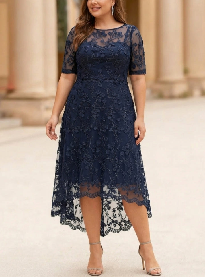 Robe mère de la mariée, Taille Plus, Ligne A/Princesse, Col Rond, Dentelle, Manches Mi-Longues, Longueur du Thé