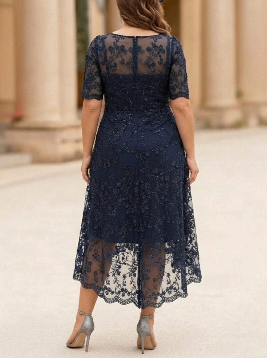 Robe mère de la mariée, Taille Plus, Ligne A/Princesse, Col Rond, Dentelle, Manches Mi-Longues, Longueur du Thé