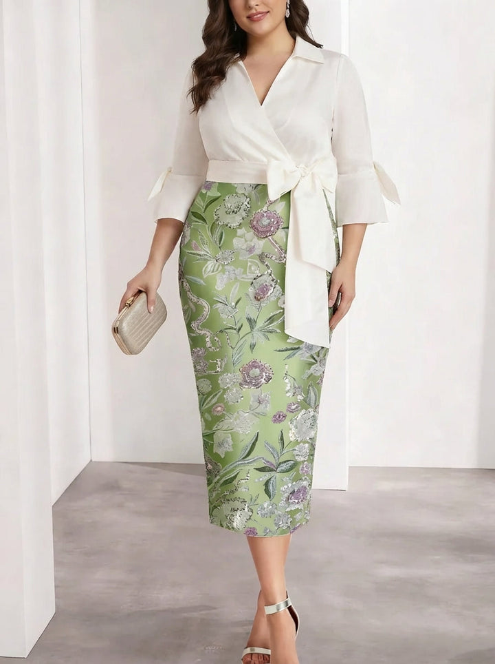 Robe cocktail mère de la mariée, taille plus, fourreau/colonne, col V, satin, manches 3/4, col chemise, fleuri, longueur thé