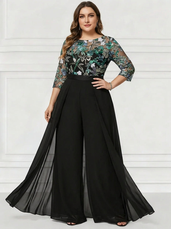Combinaison pantalon mère de la mariée taille plus, mousseline col rond, manches 3/4, longueur sol, imprimé floral, sequins