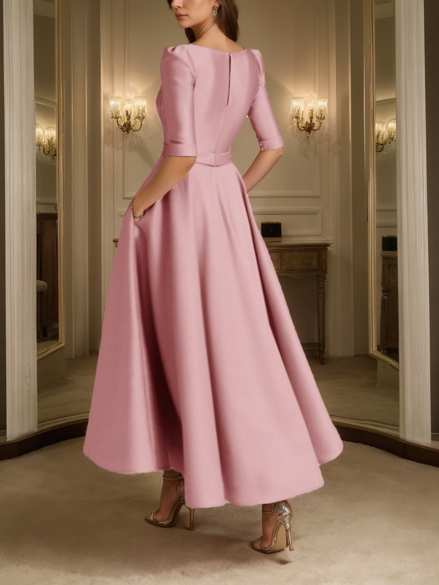 Robe Mère de la Mariée, Ligne A/Princesse, Col en V, Satin, Manches Mi-Longues, Longueur de la Cheville, Plissée