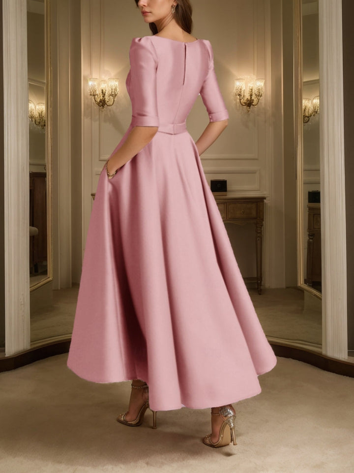 Robe Mère de la Mariée, Ligne A/Princesse, Col en V, Satin, Manches Mi-Longues, Longueur de la Cheville, Plissée