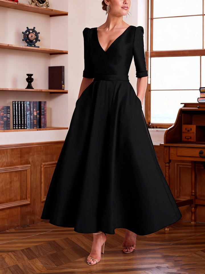 Robe Mère de la Mariée, Ligne A/Princesse, Col en V, Satin, Manches Mi-Longues, Longueur de la Cheville, Plissée
