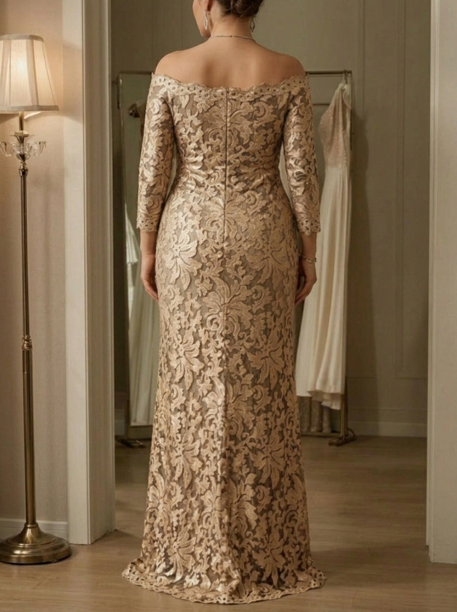 Robe mère de la mariée, Taille Plus, Gaine/Colonne, Hors de l'épaule, Dentelle, Manches 3/4, Longueur au Sol
