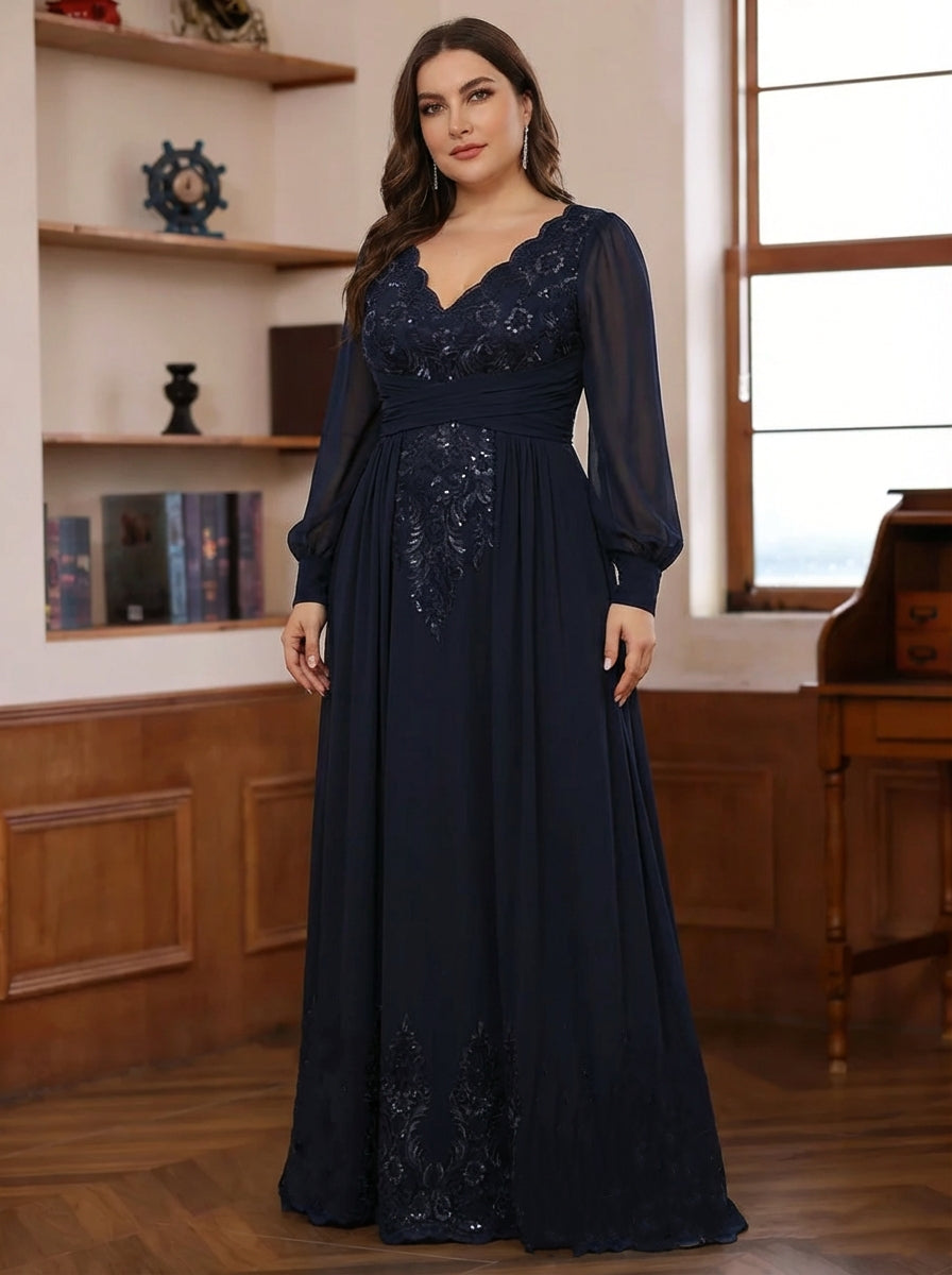 Robe mère de la mariée taille plus fourreau, mousseline col V, surjupe, manches longues, longueur sol, dentelle, sequins