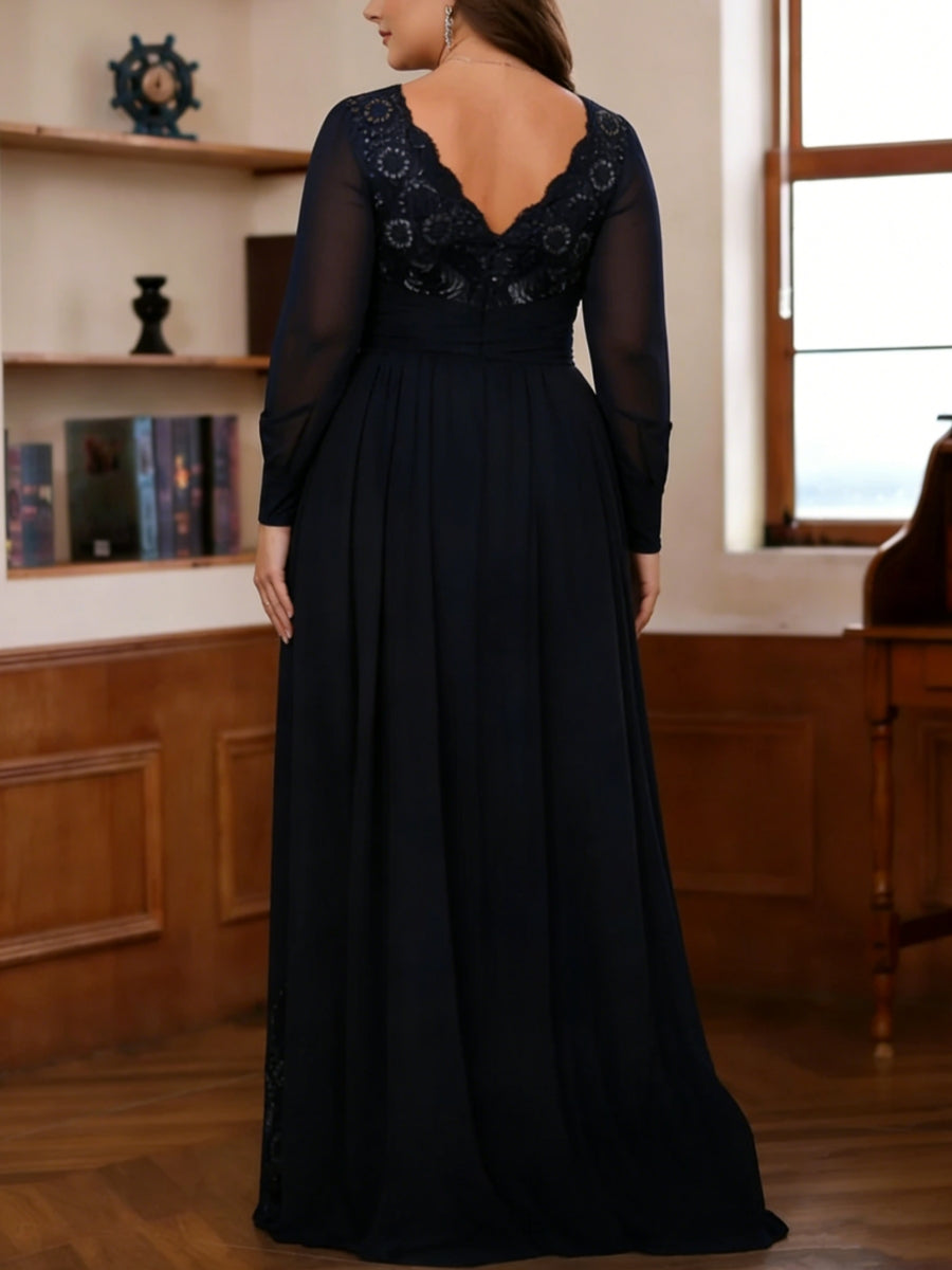 Robe mère de la mariée taille plus fourreau, mousseline col V, surjupe, manches longues, longueur sol, dentelle, sequins