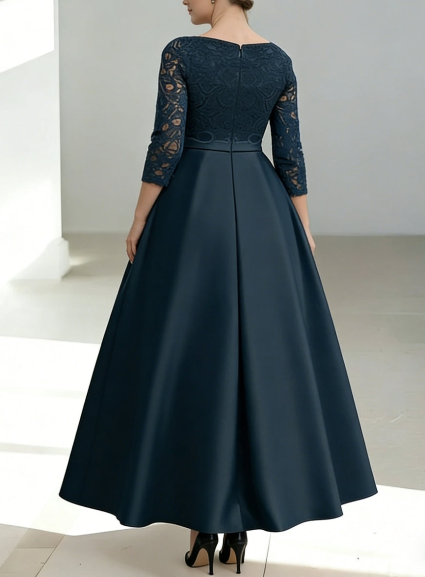 Robe mère de la mariée taille plus ligne A, satin col V, dentelle, manches 3/4, longueur cheville, nœud