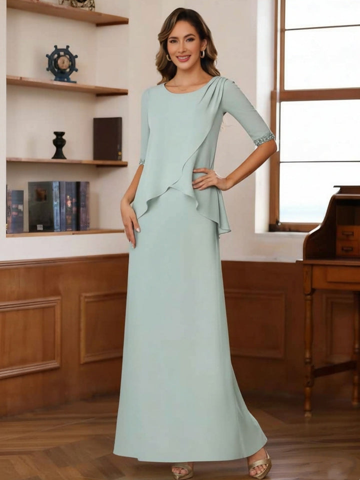 Robe mère de la mariée fourreau mousseline, col rond, manches mi-longues, longueur cheville, sequins et drapé