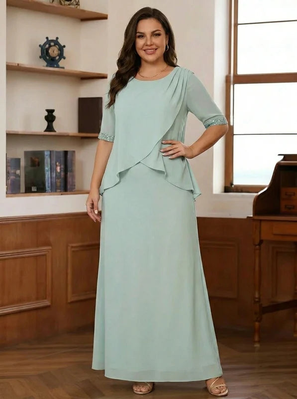 Robe Mère de la Mariée, Grande Taille, Gaine/Colonne, Col Rond, Manches Mi-Longues, Longueur de la Cheville, Mousseline, Froncée