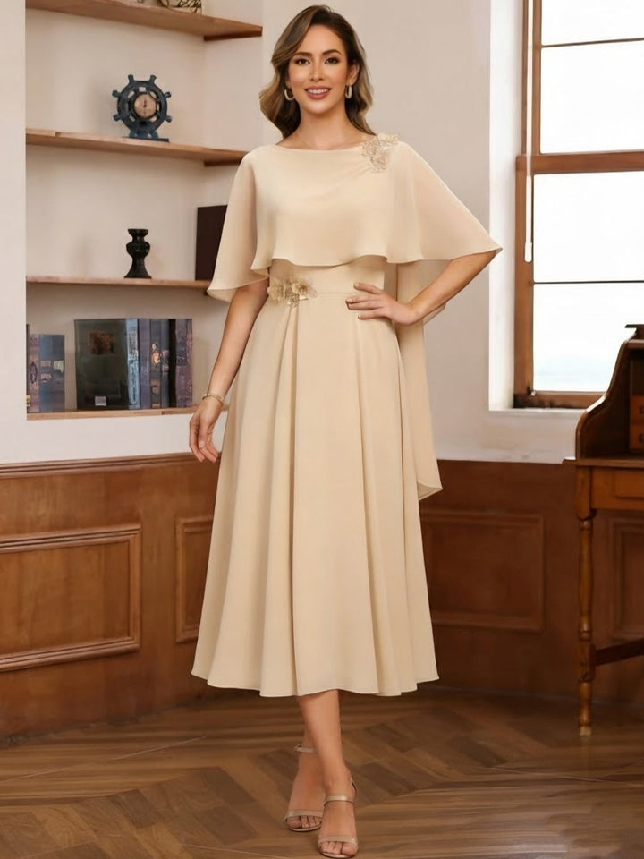 Robe mère de la mariée mousseline ligne A, col drapé, manches cape, longueur midi, plissé et perles