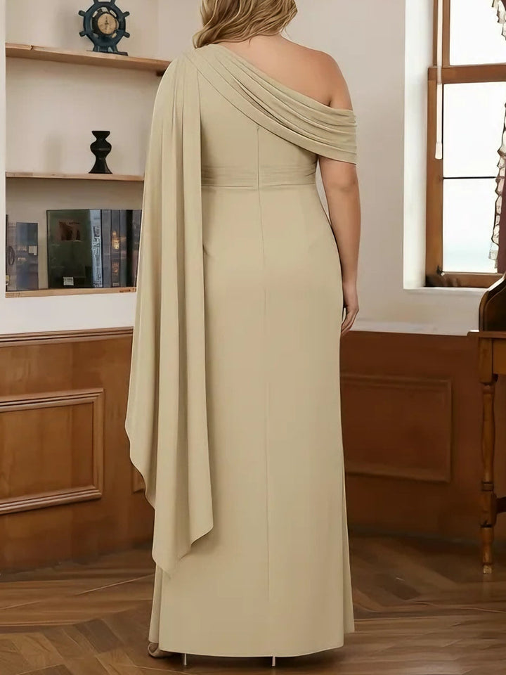 Robe mère de la mariée, taille plus, fourreau/colonne, une épaule, mousseline, longueur sol, sans manches, plis, volants