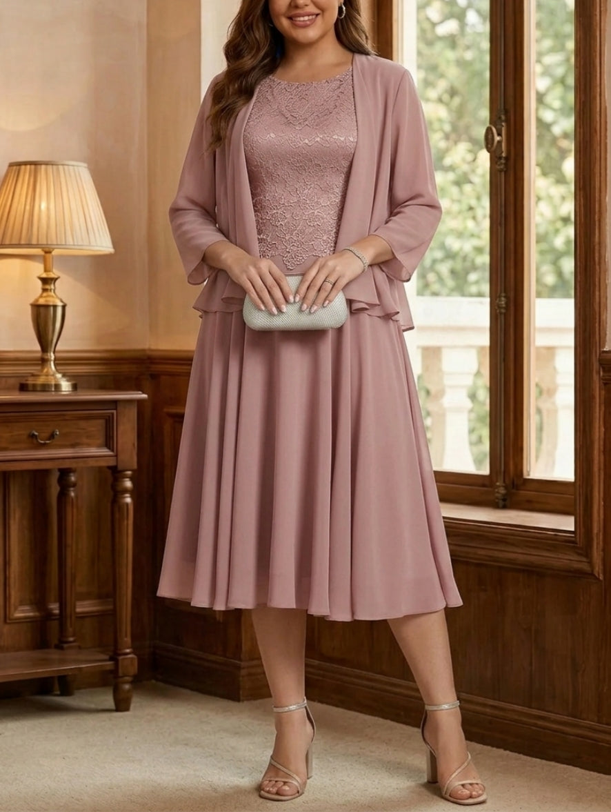 Robe mère de la mariée, Taille Plus, 2 Pièces, Ligne A/Princesse, Col Rond, Mousseline, Manches Longues, Longueur du Thé, Dentelle