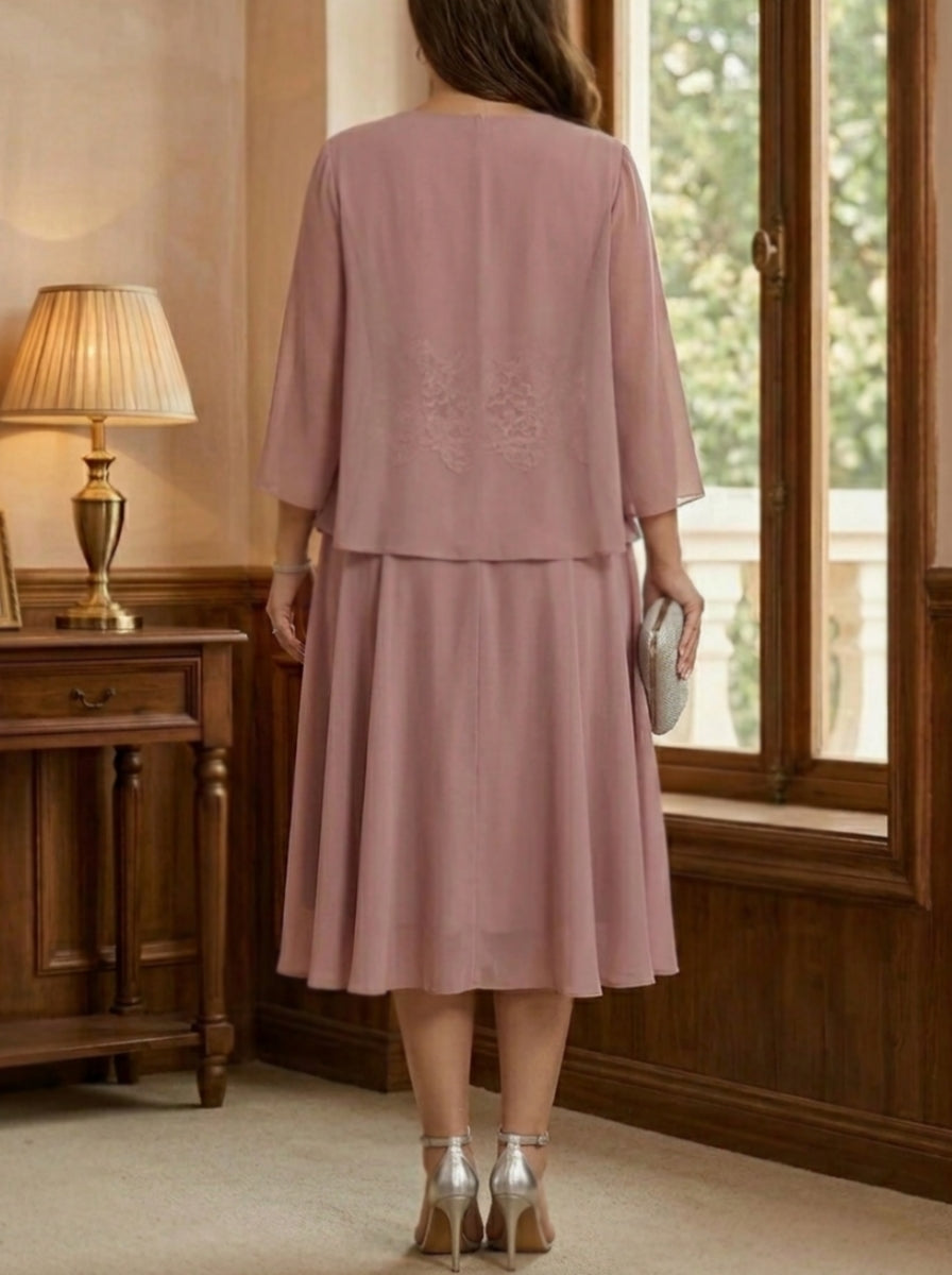 Robe mère de la mariée, Taille Plus, 2 Pièces, Ligne A/Princesse, Col Rond, Mousseline, Manches Longues, Longueur du Thé, Dentelle
