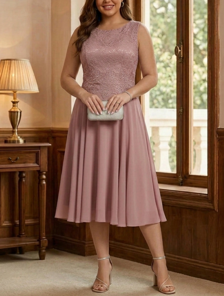 Robe mère de la mariée, Taille Plus, 2 Pièces, Ligne A/Princesse, Col Rond, Mousseline, Manches Longues, Longueur du Thé, Dentelle