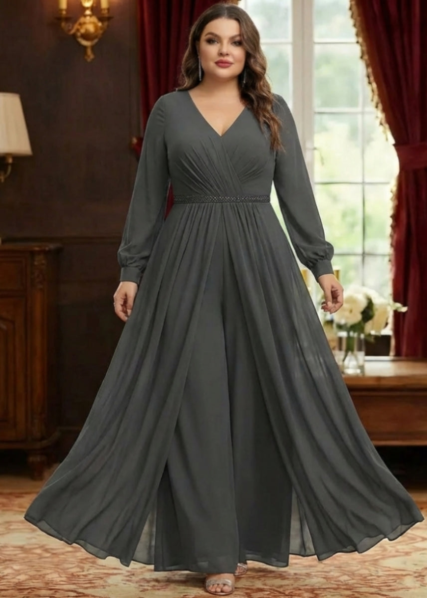 Combinaison mère de la mariée taille plus ligne A, mousseline col V, surjupe, manches longues, longueur cheville, drapé, ceinture