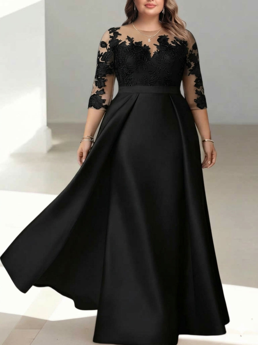 Robe mère de la mariée taille plus ligne A, satin col rond, manches 3/4, dentelle, longueur sol, imprimé floral