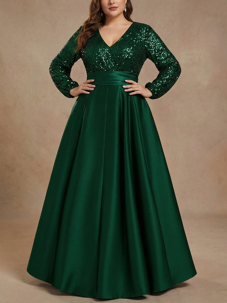Robe mère de la mariée, taille plus, coupe A/ princesse, col V, satin, Paillettes, poche, manches longues, longueur sol
