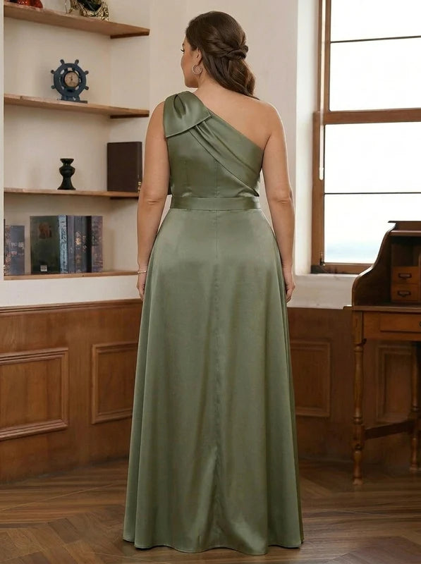 Robe Mère de la Mariée, Grande Taille, Combinaison, Une Épaule Nue, Sans Manches, Longueur au Sol, Satin