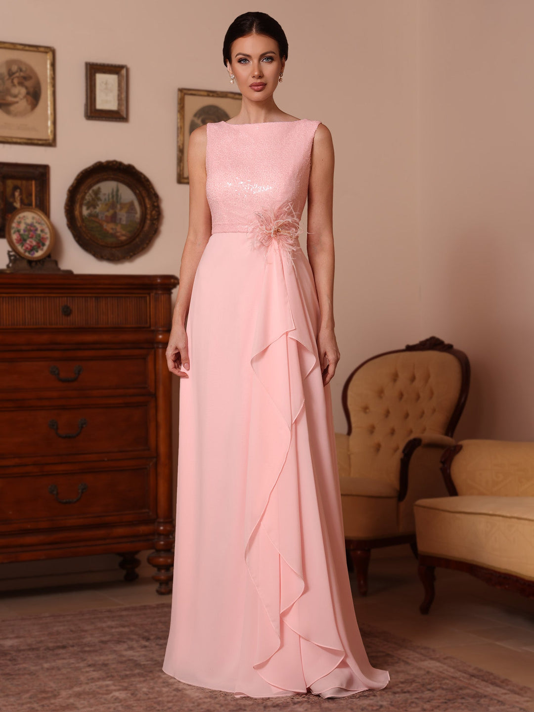 Ligne A/Princesse Col Bénitier Mousseline Robes Mère de La Mariée Paillettes Longueur du Sol Sans Manches Froufrous