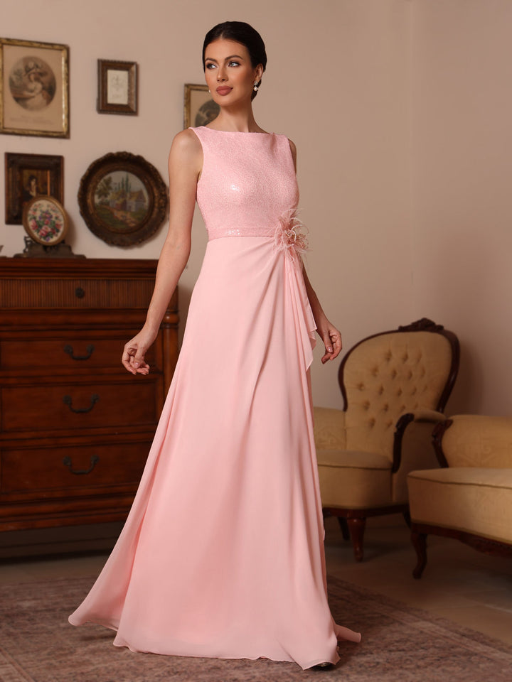 Ligne A/Princesse Col Bénitier Mousseline Robes Mère de La Mariée Paillettes Longueur du Sol Sans Manches Froufrous