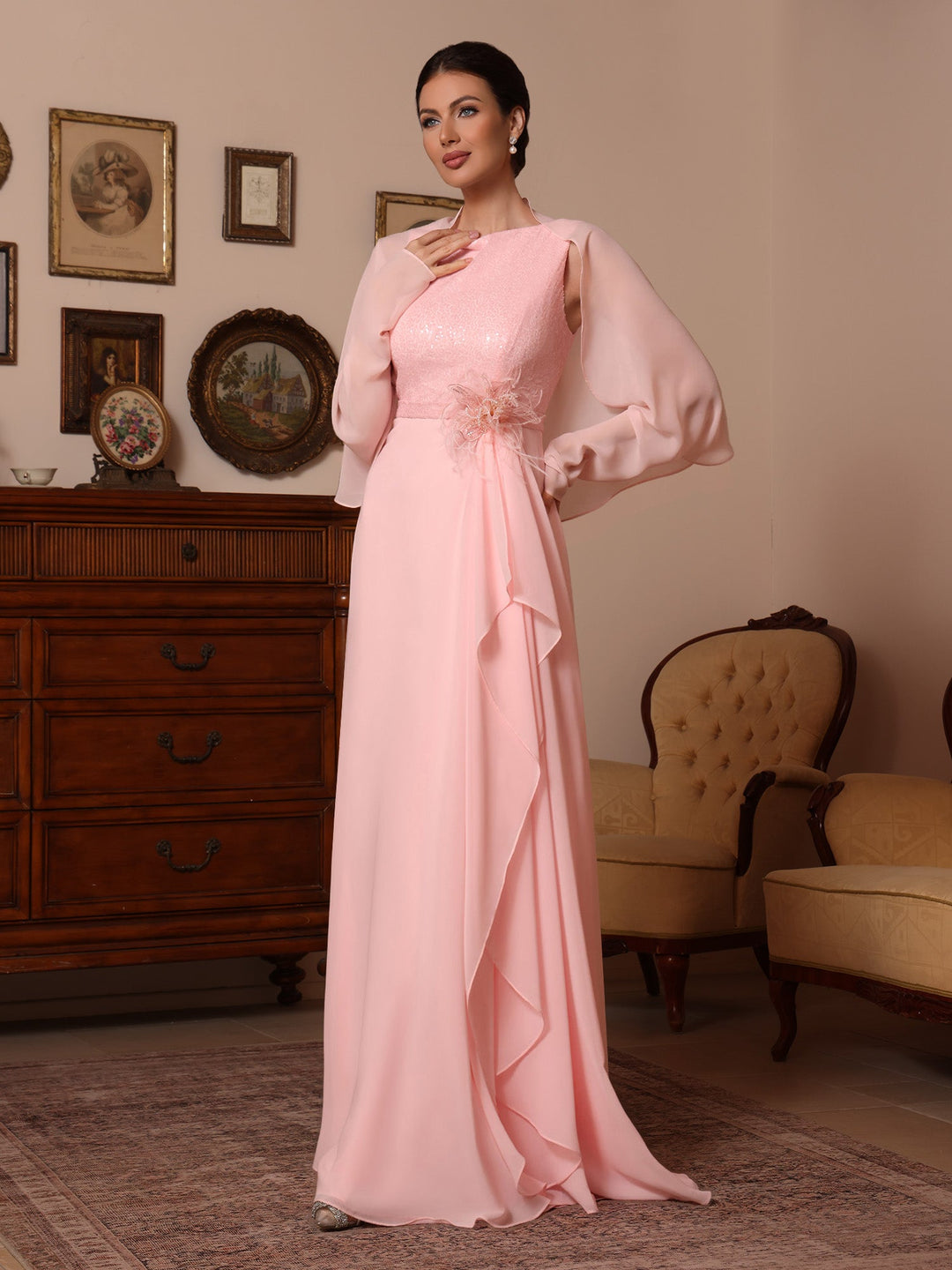 Ligne A/Princesse Col Bénitier Mousseline Robes Mère de La Mariée Paillettes Longueur du Sol Sans Manches Froufrous