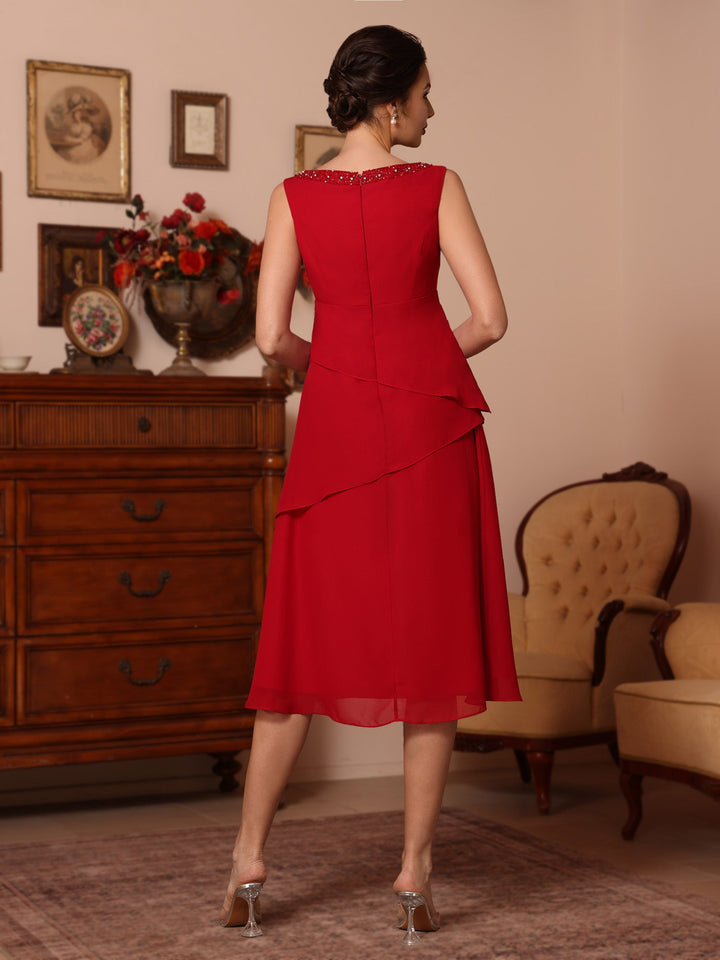 2 Pièces Gaine/Colonne Col en V  Mousseline Robes Mère de La Mariée avec Veste Perles Longueur Genou  1/2 Manches