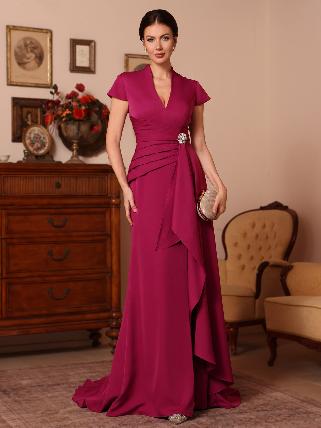 Trompette/Sirène Col en V Satin Extensible Robes Mère de La Mariée Manches Courtes Longueur du Sol Froufrous