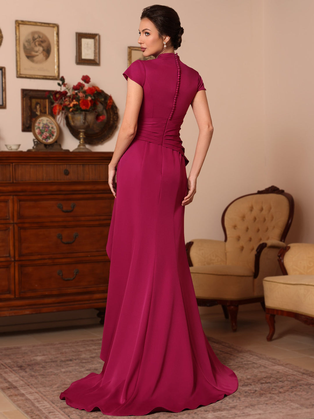 Trompette/Sirène Col en V Satin Extensible Robes Mère de La Mariée Manches Courtes Longueur du Sol Froufrous