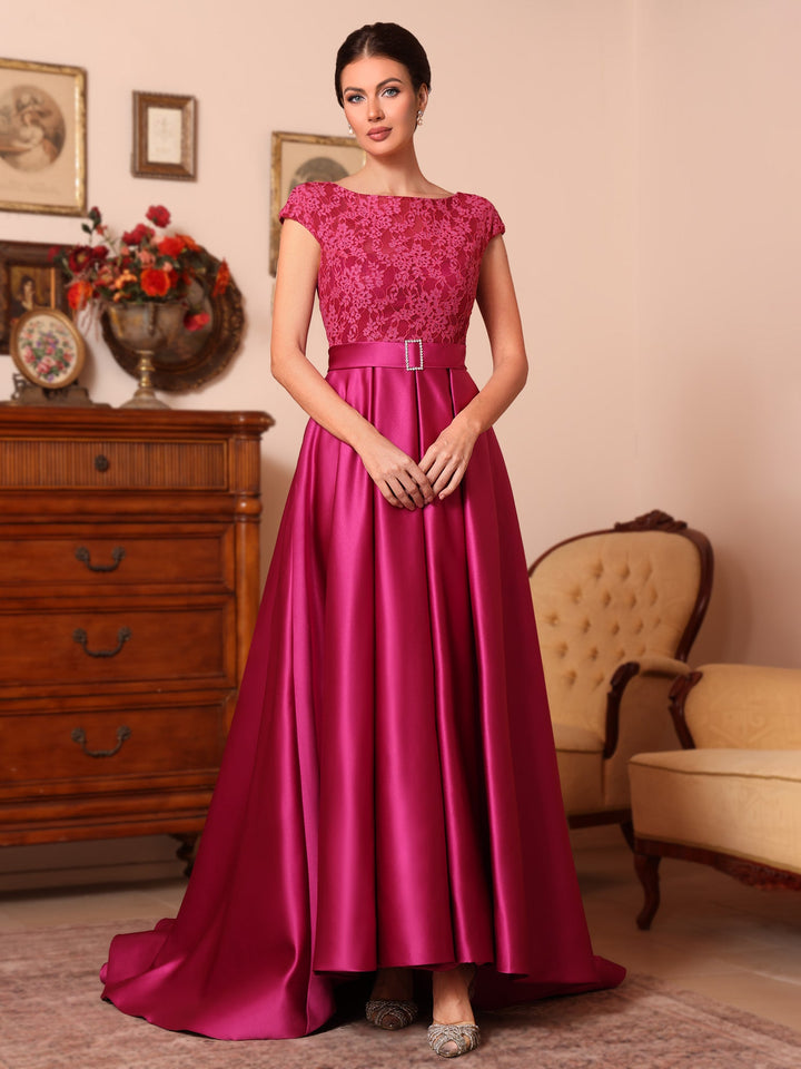 Ligne A/Princesse Scoop Satin Robes Mère de La Mariée Sans Manches Dentelle Longueur du Sol Train de Balayage/Brosse