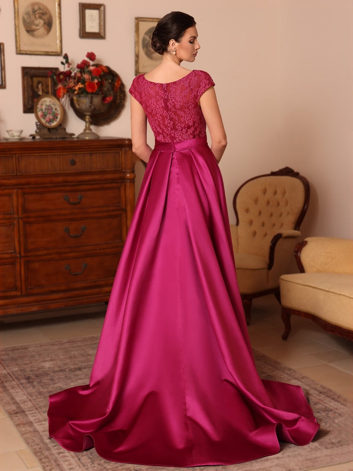 Ligne A/Princesse Scoop Satin Robes Mère de La Mariée Sans Manches Dentelle Longueur du Sol Train de Balayage/Brosse