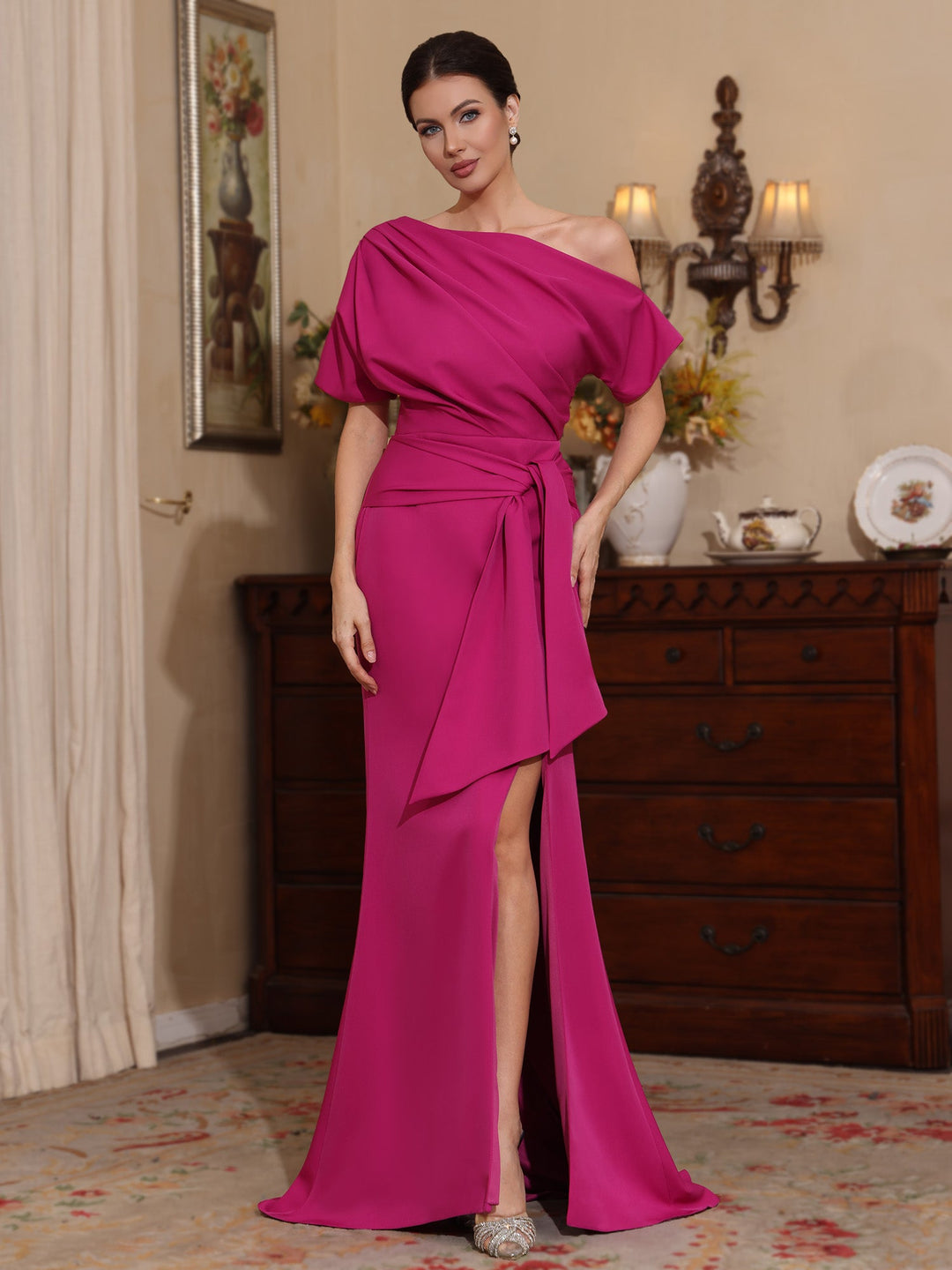 Trompette/Sirène Une Épaule Satin Extensible Robes Mère de La Mariée Longueur du Sol Fente Latérale