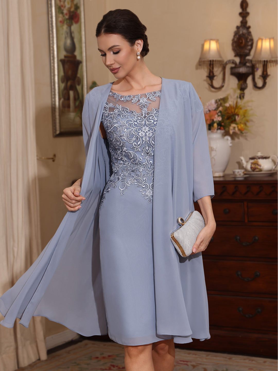 2 Pièces Gaine/Colonne Scoop Mousseline Robes Mère de La Mariée avec Veste Dentelle  Longueur Genou  3/4 Manches
