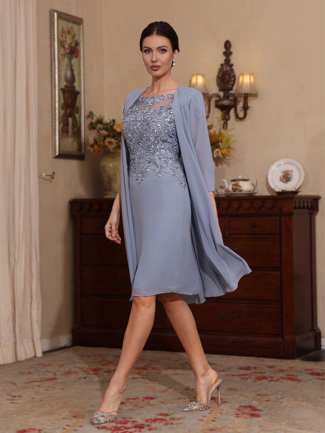 2 Pièces Gaine/Colonne Scoop Mousseline Robes Mère de La Mariée avec Veste Dentelle  Longueur Genou  3/4 Manches