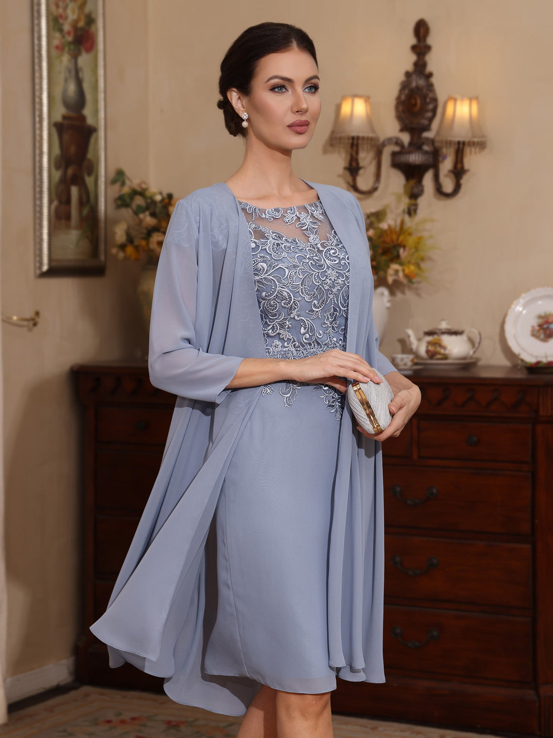 2 Pièces Gaine/Colonne Scoop Mousseline Robes Mère de La Mariée avec Veste Dentelle  Longueur Genou  3/4 Manches