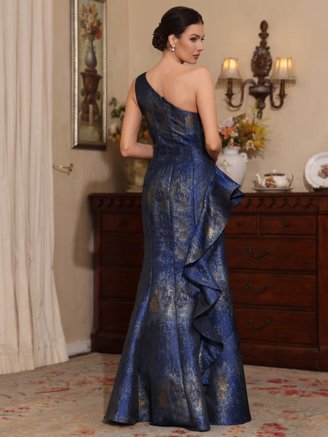 Trompette/Sirène 	Une Épaule Printed Satin Imprimé Robes Mère de La Mariée avec Fente Latérale