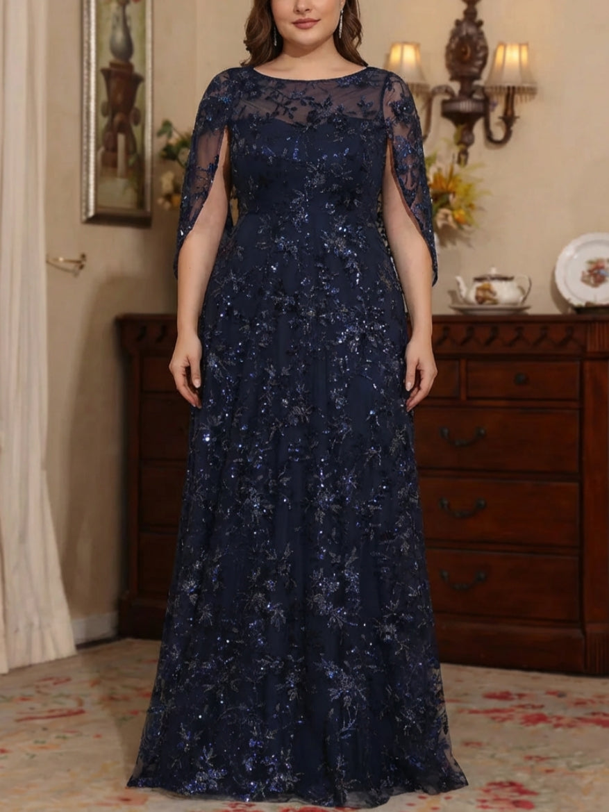 Robe mère de la mariée taille plus ligne A, col rond, sequins, dentelle, manches cape, imprimé floral, longueur sol