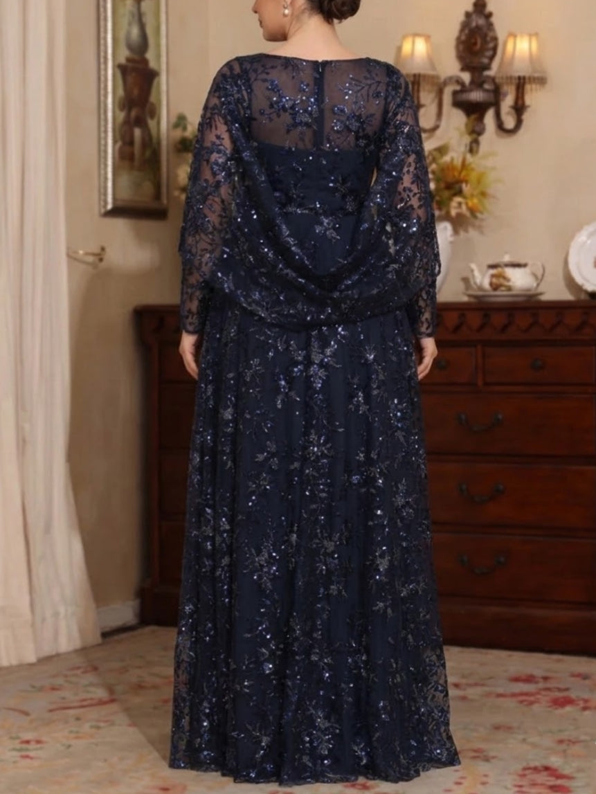 Robe mère de la mariée taille plus ligne A, col rond, sequins, dentelle, manches cape, imprimé floral, longueur sol