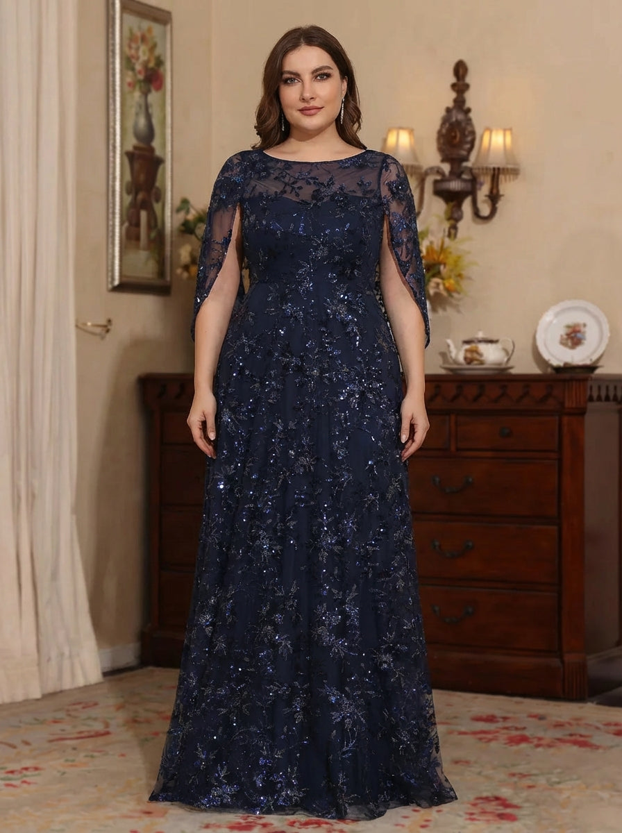 Robe mère de la mariée taille plus ligne A, col rond, sequins, dentelle, manches cape, imprimé floral, longueur sol