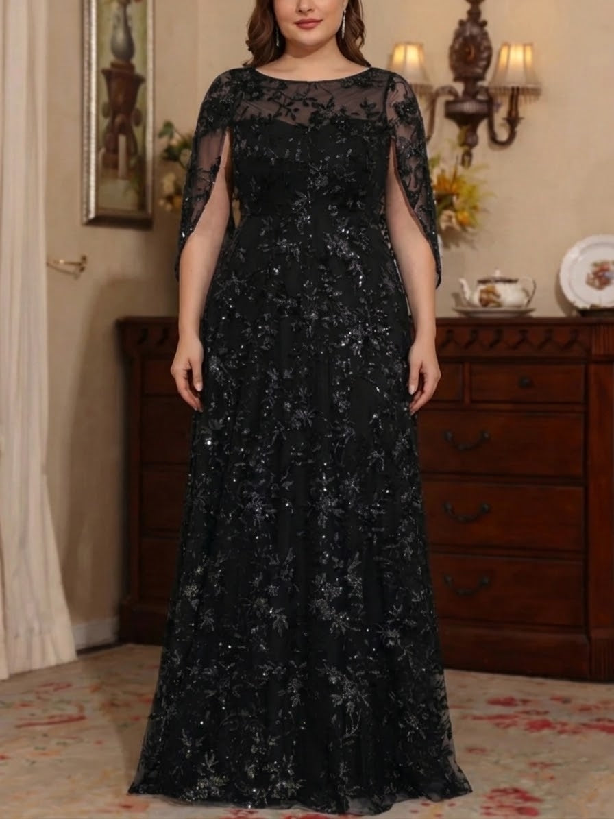 Robe mère de la mariée taille plus ligne A, col rond, sequins, dentelle, manches cape, imprimé floral, longueur sol