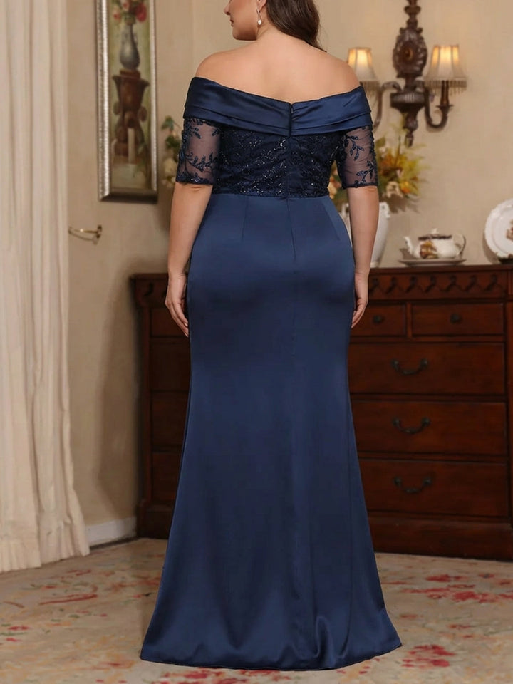 Robe mère de la mariée, taille plus, fourreau/colonne, décolleté Hors de l'Épaule, satin, dentelle, manches mi-longues, longueur sol, fente latérale