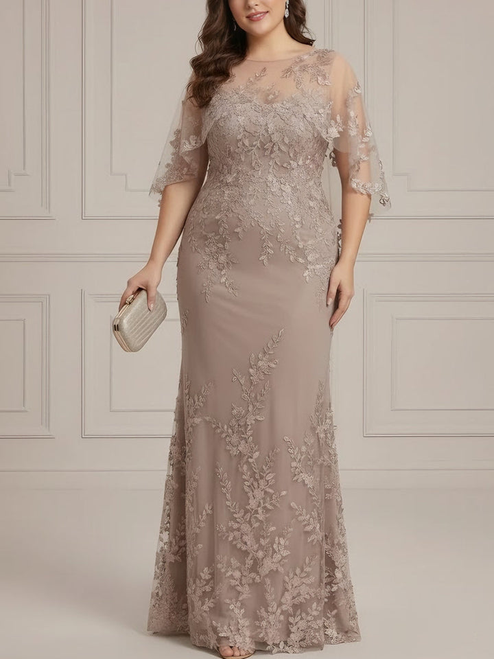Robe mère de la mariée, taille plus, 2 pièces, fourreau/colonne, col rond, dentelle, ceinture, perles, fleuri, manches mi-longues, longueur sol