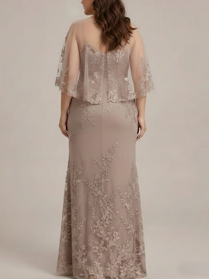 Robe mère de la mariée, taille plus, 2 pièces, fourreau/colonne, col rond, dentelle, ceinture, perles, fleuri, manches mi-longues, longueur sol