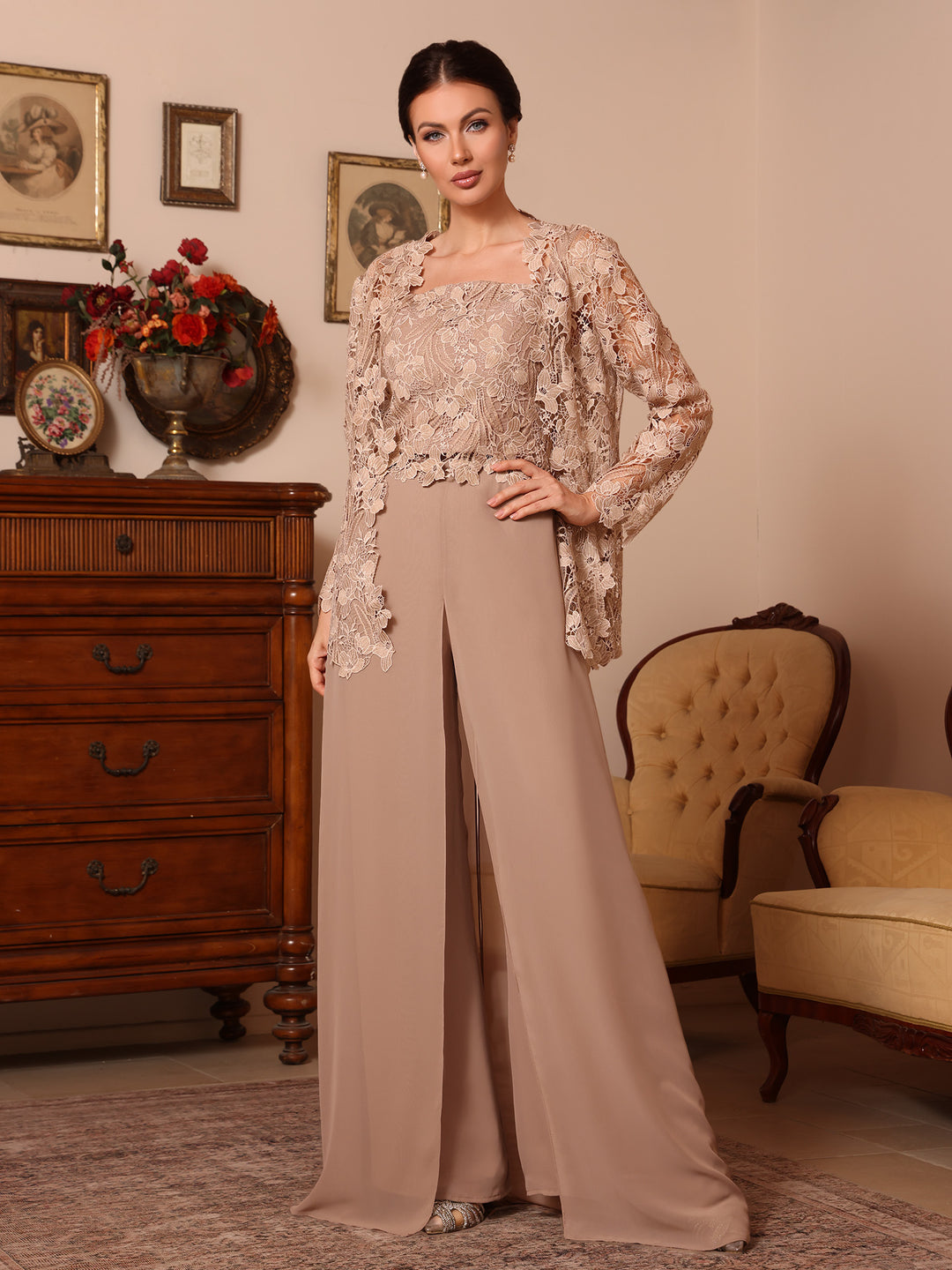 Ensemble pantalon 3 pièces mère de la mariée mousseline col carré, veste, surjupe, dentelle, manches longues, longueur sol